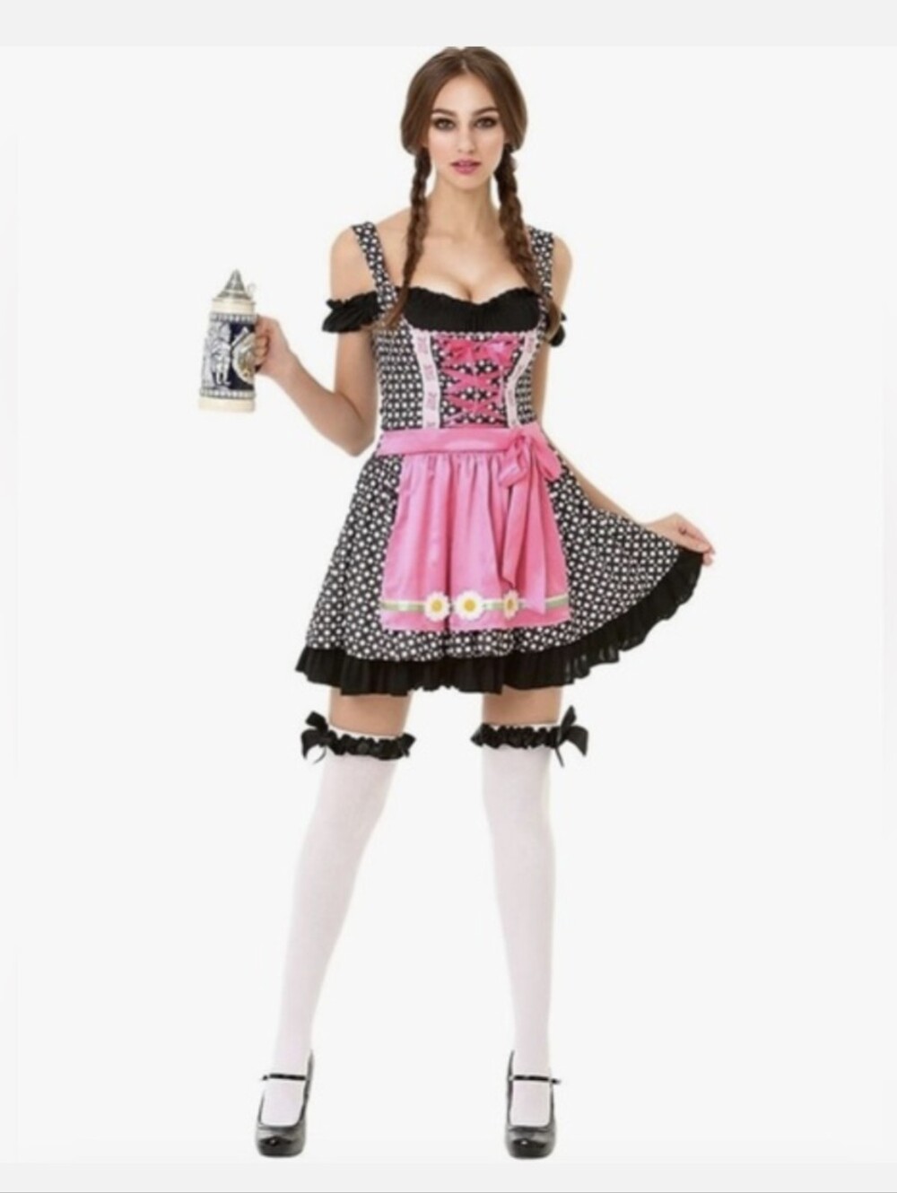 Hauntlook Oktoberfest Beer Maid Costume Pink Black White Dress | Medium